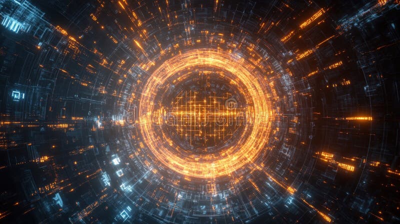 Orange and blue glowing futuristic technological circular tunnel rotating and moving forward stock photography