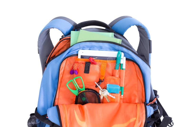 Orange and blue kids school backpack royalty free stock images