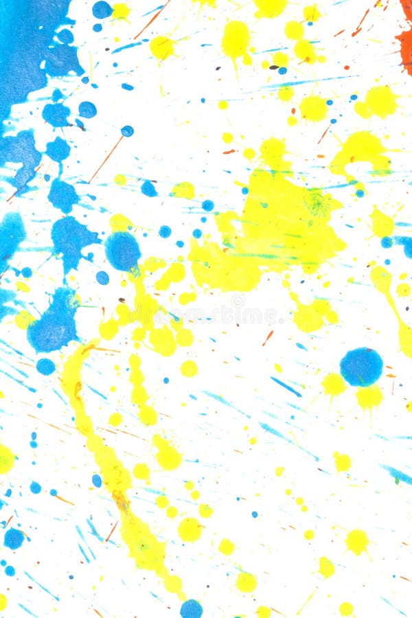 A Orange, Blue and Yellow Acrylic Paint Splatters and Lines on White Background