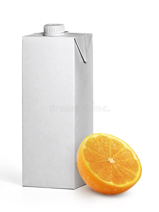 Orange and Box empty white fruit juice isolated on white background royalty free stock photo
