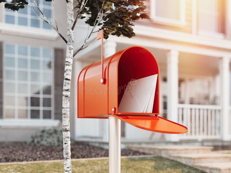 Orange mail box with white envelope inside, big house and birch on background, 3d rendering. Orange mail box with white envelope inside, big house and birch on background, 3d rendering