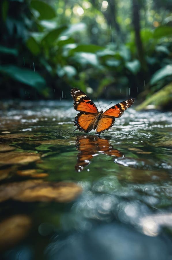 Orange Butterfly på en regnskog som reflekterar i vattnet stock illustrationer