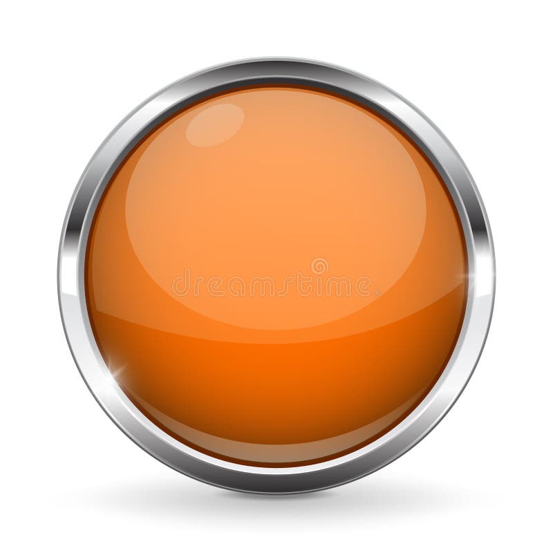 Orange button with chrome frame. Round glass shiny 3d icon stock illustration