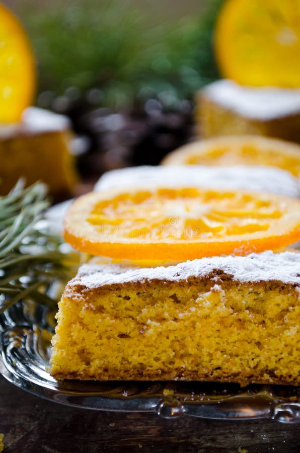 Orange Cake with Caramelized Oranges, Christmas Decoration Stock Photo