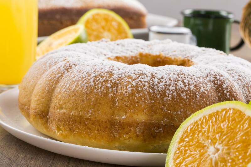 Orange Cake on the Table with Fruits and Juice. Stock Photo Image of