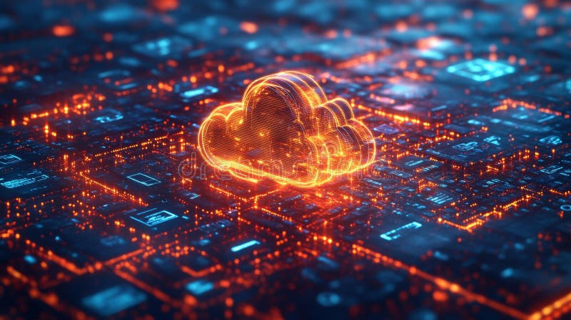 Orange Cloud Icon on Digital Circuit Board Generative AI stock illustration