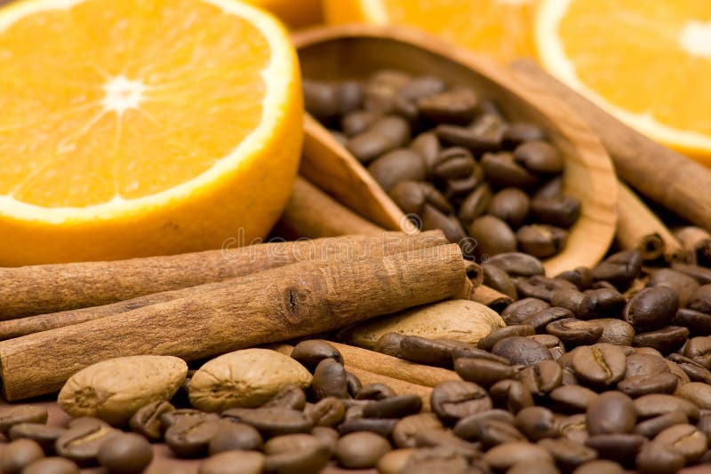 Orange, Coffee and Cinnamon Stock Photo Image of background, almond