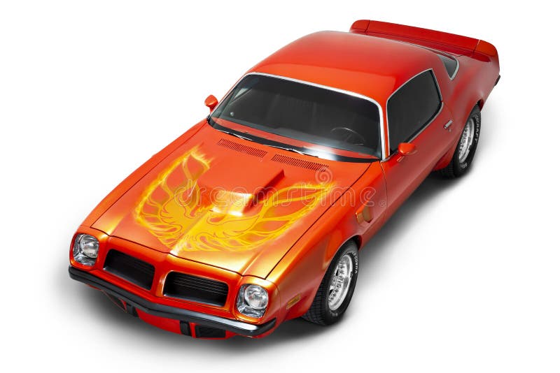 Orange colored Side front view of a 1974 Pontiac Trans Am Brand muscle car on a white background studio shot