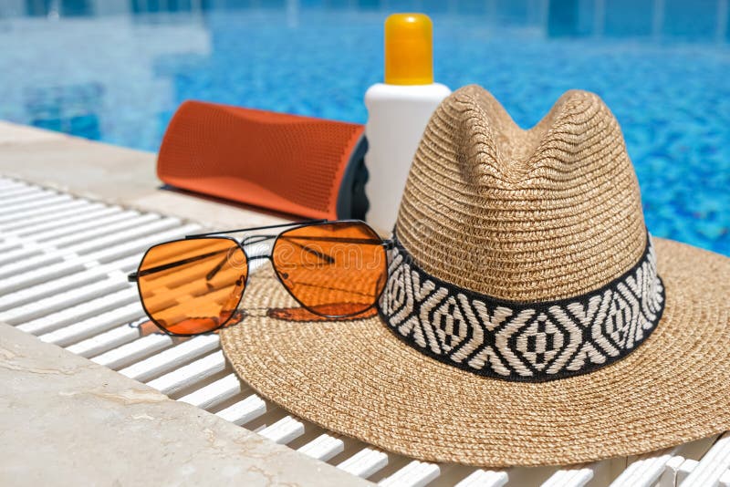 Orange Coloured Beach Accessories Near Swimming Pool Sun Cream Sunglasses Music Speaker And Straw Hat Stock Image Image Of Closeup Music Orange Coloured Beach Accessories Near Swimming Pool Sun Cream Sunglasses Music Speaker And Straw Hat Stock Image Image Of Closeup Music