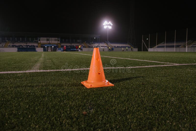 Orange Cone for Training Football on the Field Stock Image Image of