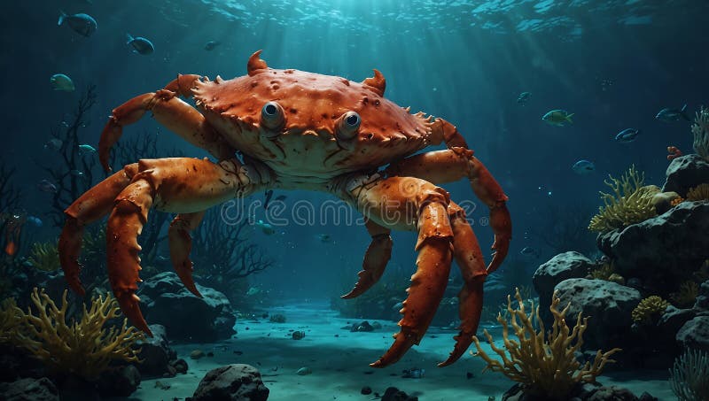 Orange Crab Underwater Poszukiwanie dna morskiego piaszczystego z rybami i wodorostami morskimi. Krab bada dno oceanu otoczone roślinami i życiem morskim promieniami słonecznymi przenikającymi do wód głębinowych Wykorzystuje do życia morskiego i koncepcji natury