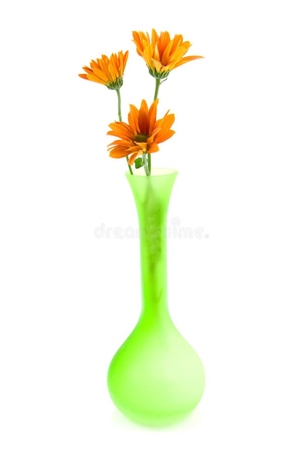 Orange daisy flowers in green vase royalty free stock image Orange daisy flowers in green vase royalty free stock image
