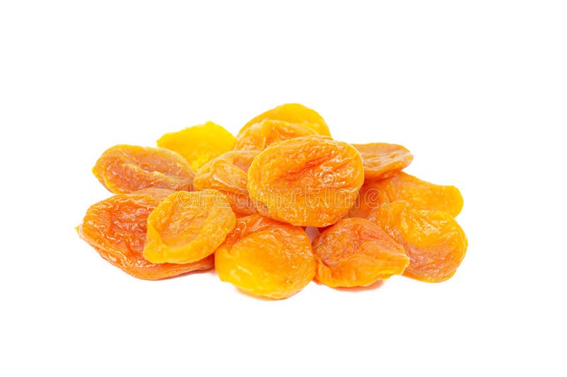 Orange Dried Apricots Heap Isolated on White Background. Stock Photo