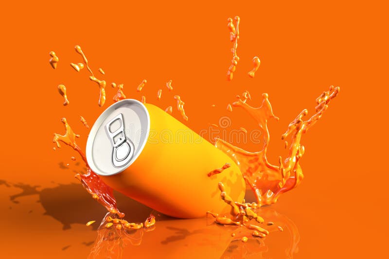 Orange Drinks Can Splash 3D Render with Orange Background Stock