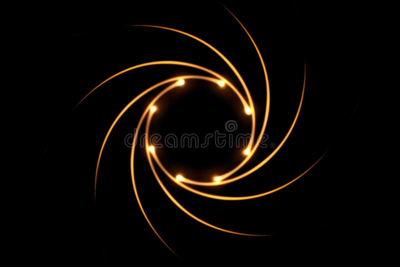 Orange fire comet light flying in circle. Shining lights in motion with particles on black sky. Ring of fire, abstract background