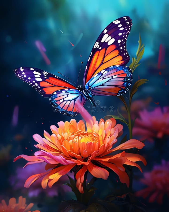 Orange flower and tiger orange butterfly boarding on it dark background. Flowering flowers, a symbol of spring, new life vector illustration