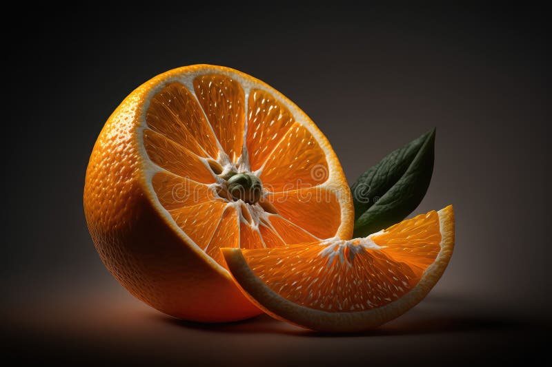 Orange Fruit Cut in Half and Slice on Dark Background. Generative AI