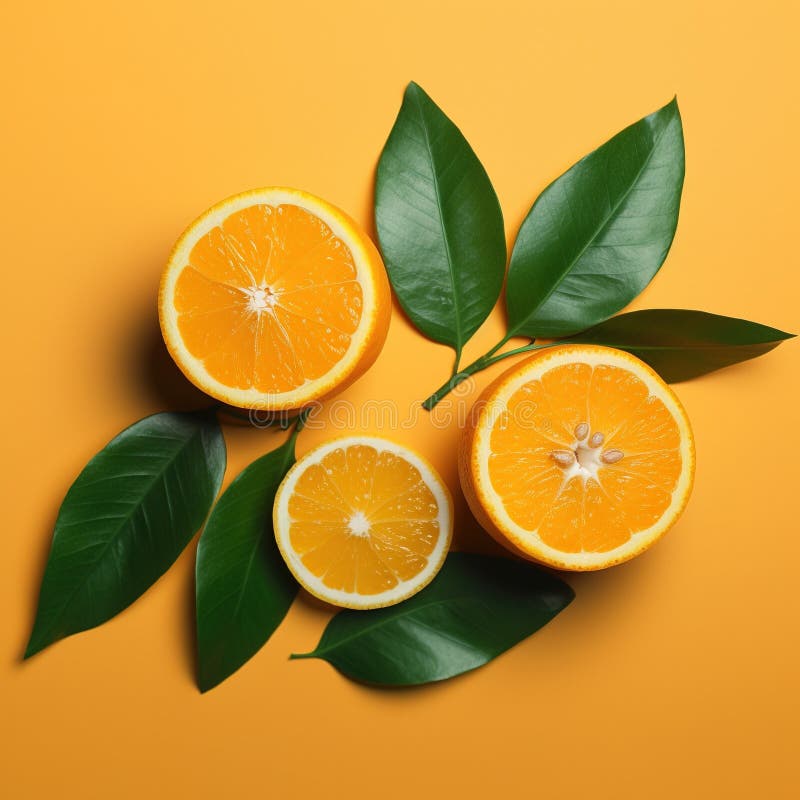 Orange Fruit and Green Leaves on Orange Background. Flat Lay, Top View