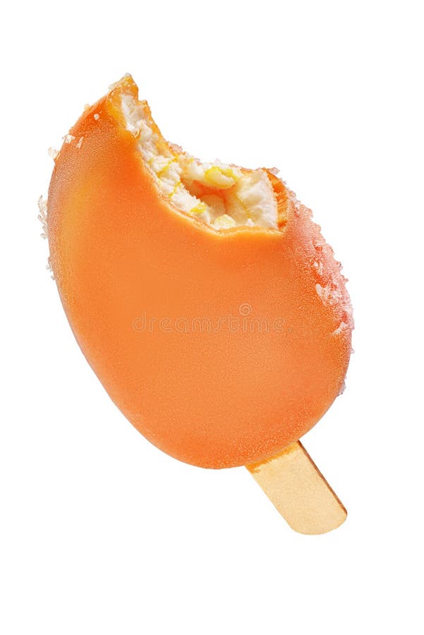 Bitten orange fruit ice cream popsicle with glaze coating isolated on white background. Bitten orange fruit ice cream popsicle with glaze coating isolated on white background