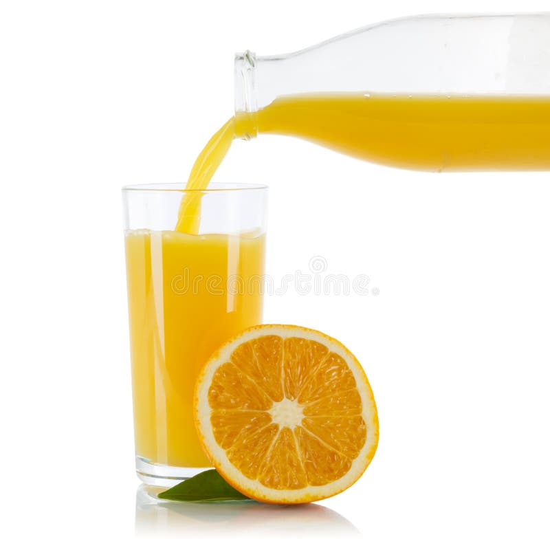 Orange Fruit Juice Pouring Oranges Glass Square Isolated on White Stock