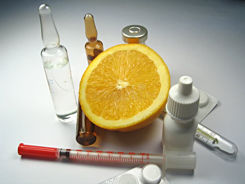 Orange Fruit Surrounded by Drugs and Pharmacy Pills Stock Image Image