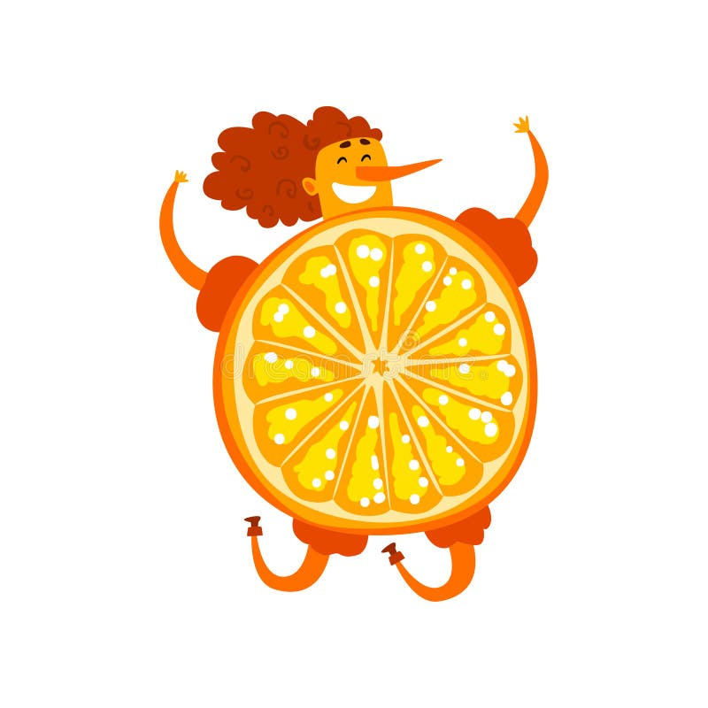 Orange frukttecknad filmtecken, lycklig flicka i rolig illustration för fruktdräktvektor på en vit bakgrund vektor illustrationer