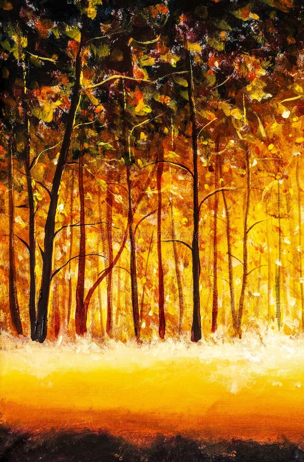 Orange gold trees in park alley forest texture impressionism original oil painting art background landscape. Orange gold trees in park alley forest texture impressionism original oil painting art background landscape