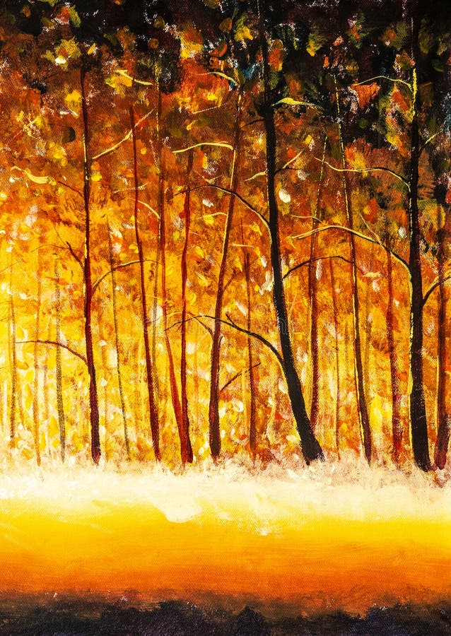 Orange gold trees in park alley forest texture impressionism original oil painting art background landscape. Orange gold trees in park alley forest texture impressionism original oil painting art background landscape