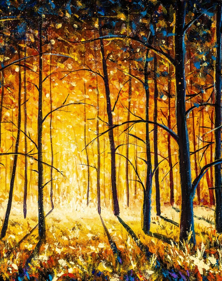 Orange gold trees in park alley forest texture impressionism original oil painting art background landscape. Orange gold trees in park alley forest texture impressionism original oil painting art background landscape