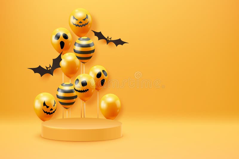 Orange Halloween background with pumpkins, spider, bat, candies and lights. Pumpkin fly around platform. Realistic 3d