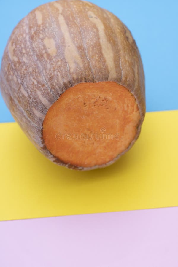 Orange Halloween entzieht Kürbis auf gelbem und Blue Papier stockfotos