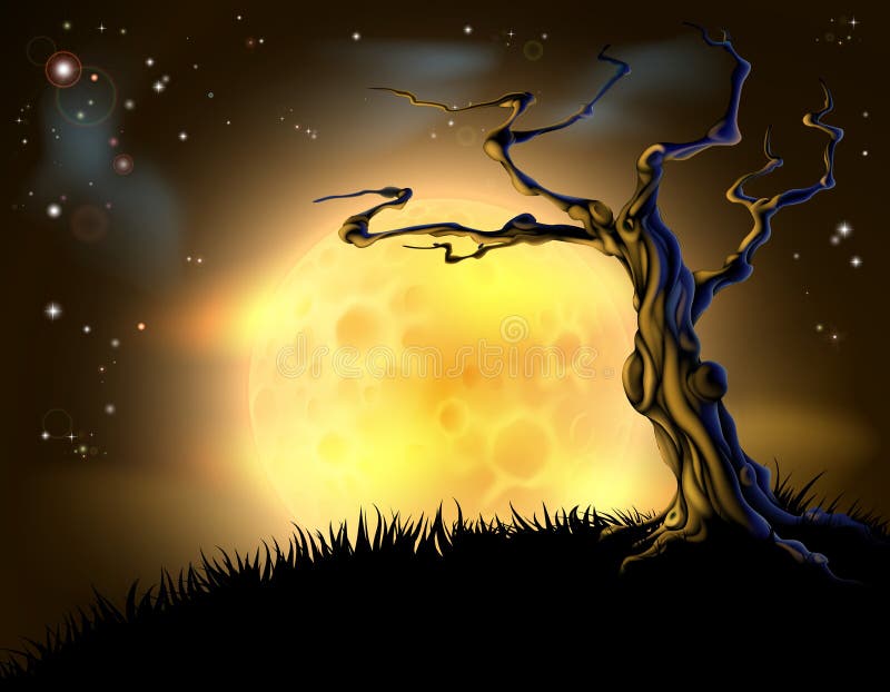 Orange Halloween-Mond-Baum-Hintergrund vektor abbildung Orange Halloween-Mond-Baum-Hintergrund vektor abbildung