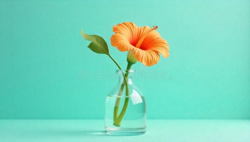 Orange hibiscus blomma i en glasvas mot teal stock illustrationer