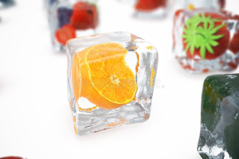 Orange in ice cube isolated on white with depth of field effects. Ice cubes with fresh berries. Berries fruits frozen in