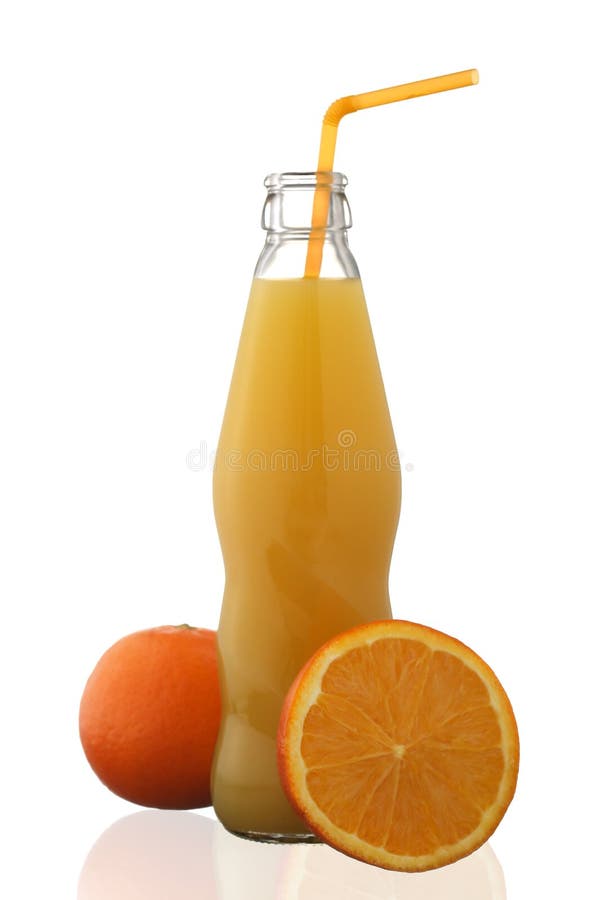 Orange Juice in Bottle and Orange Fruit Isolated on White Stock Photo