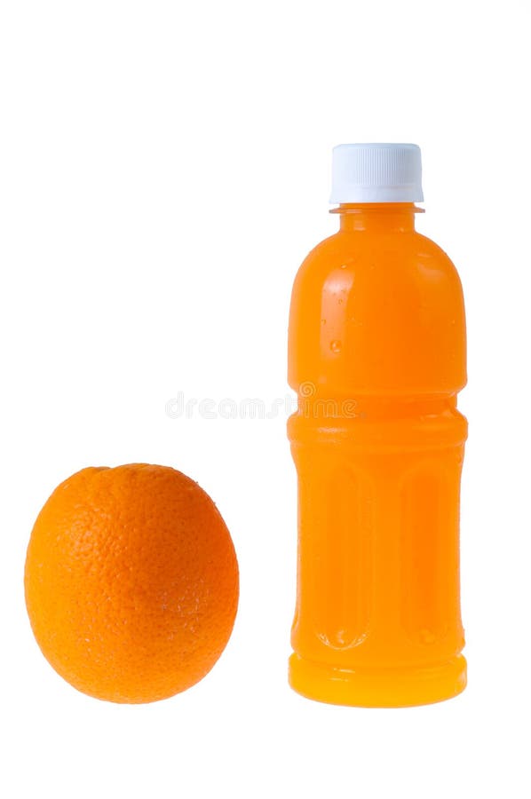 Orange juice in a bottle and orange next to it isolated on white