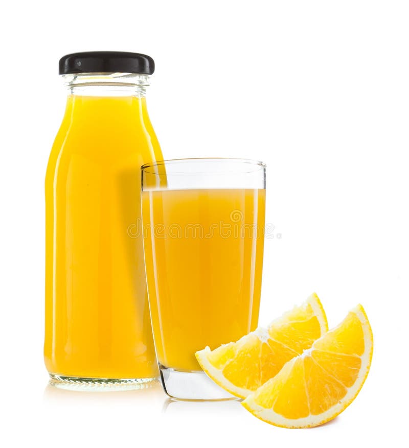 Jug of orange juice and orange fruits isolated on white, Stock image