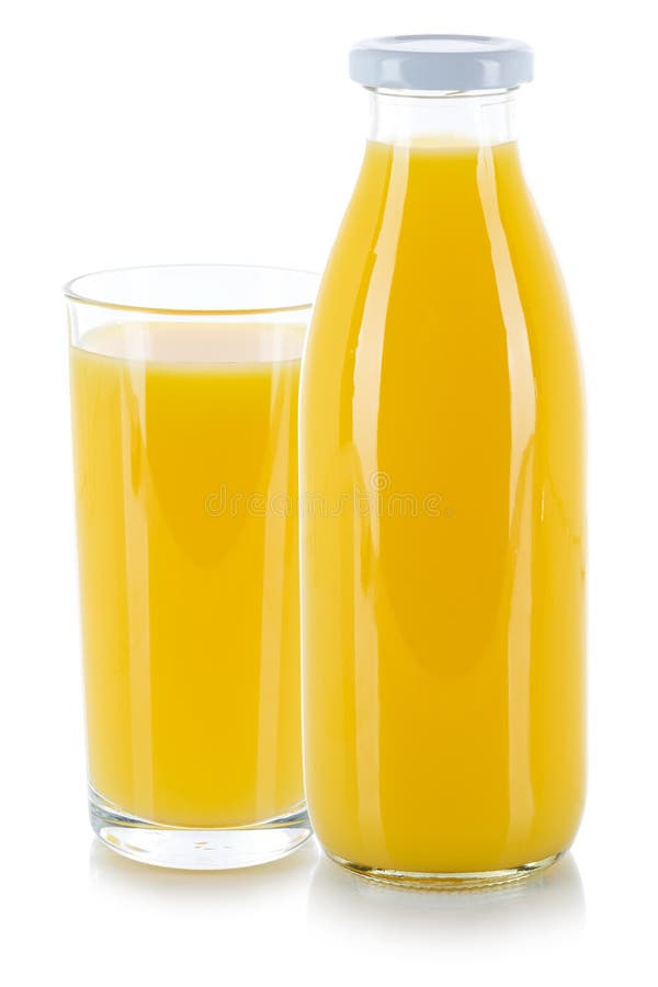 Orange Juice Drink Fresh Glass Bottle Isolated on White Stock Image