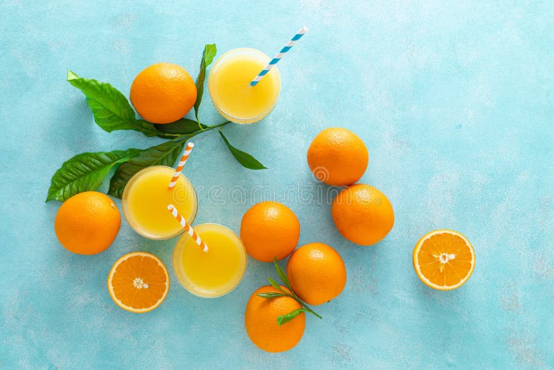 Orange juice, freshly squeezed juice, vitamin C concept, top view