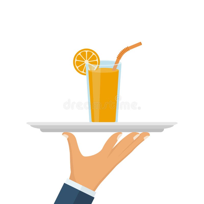 Orange juice in glass cup on tray in hand of waiter