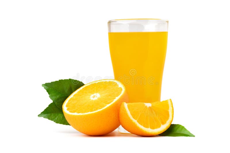 orange  juice in glass with fruit and green leaf isolate on white background