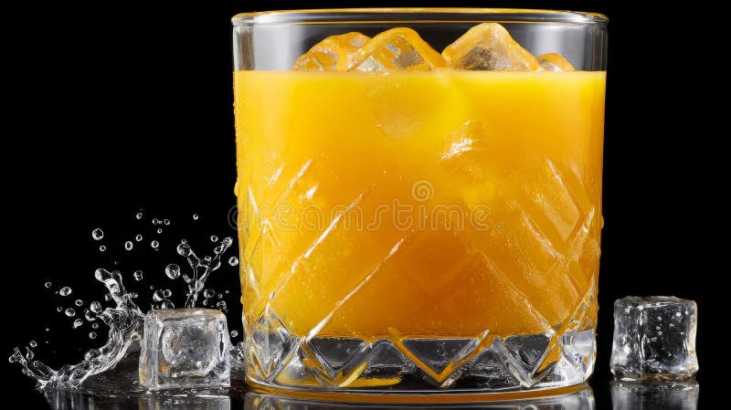 Orange juice in a glass with ice and splash on black background. stock image