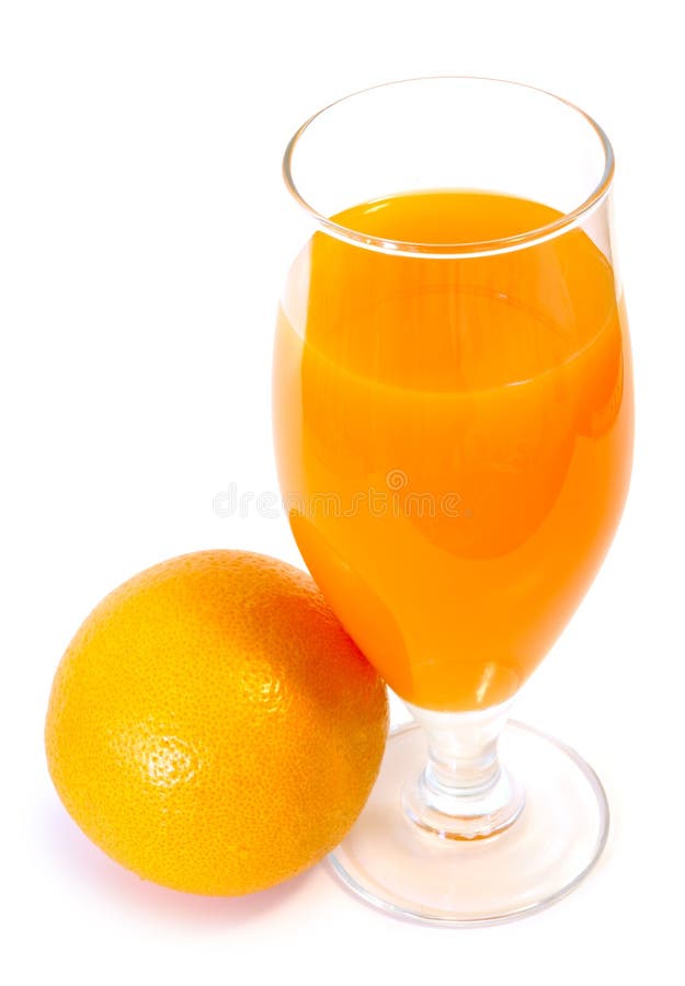 Orange juice in glass and orange.