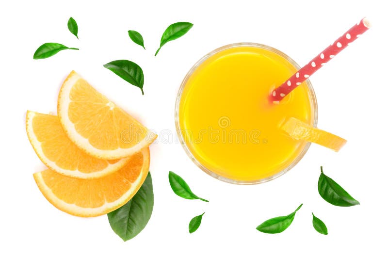 Orange juice glass with slices of citrus and green leaves isolated on white background, top view. Flat lay pattern