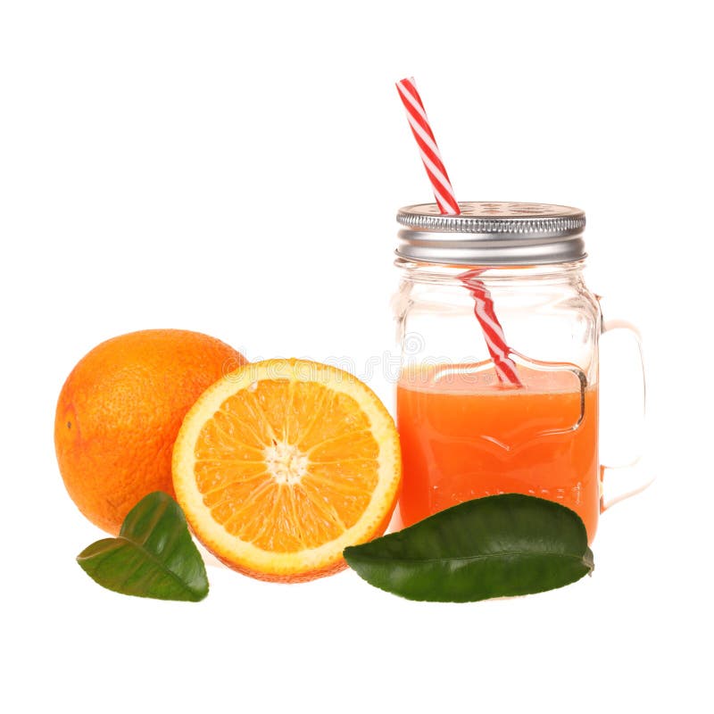 Closeup of fresh mandarin juice in a glass jar with a plastic reusable  straw on a wooden tray Stock Photo by wirestock