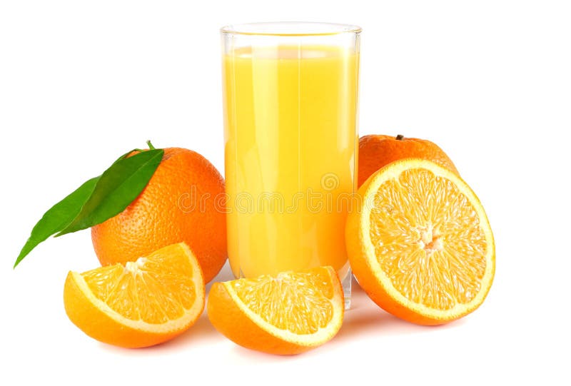 Orange juice with orange and green leaf isolated on white background. juice in glass royalty free stock images Orange juice with orange and green leaf isolated on white background. juice in glass royalty free stock images