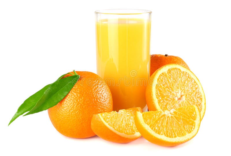 orange juice with orange and green leaf on white background. juice in glass