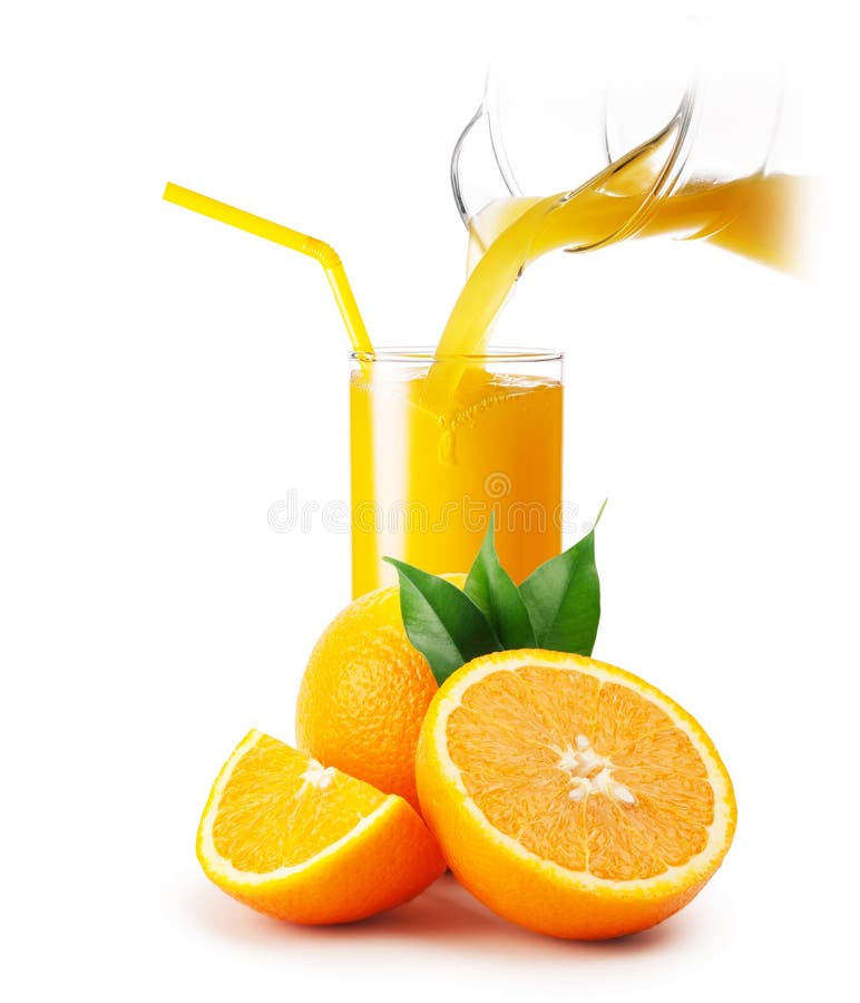 Orange juice pouring into a glass and oranges isolated on white background