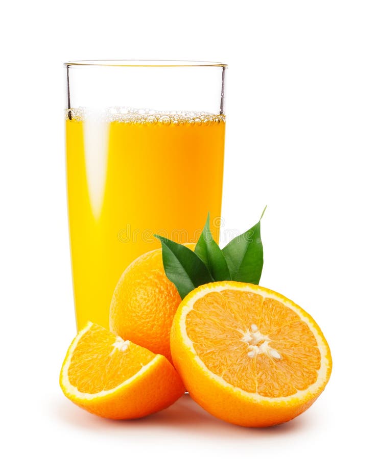 Orange juice pouring into glass and oranges with leaves isolated on white background