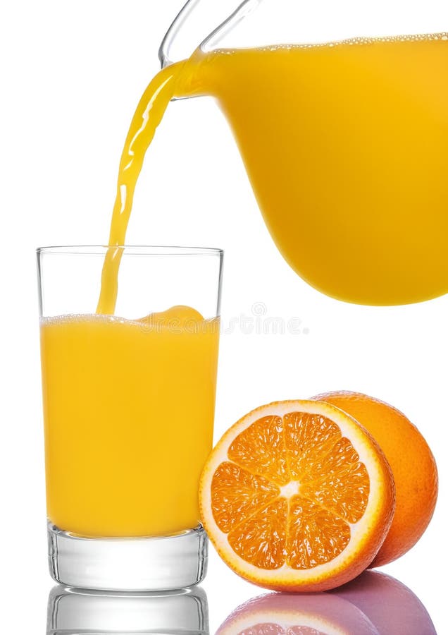 Orange Juice Pouring from Pitcher into Glass, Isolated on White